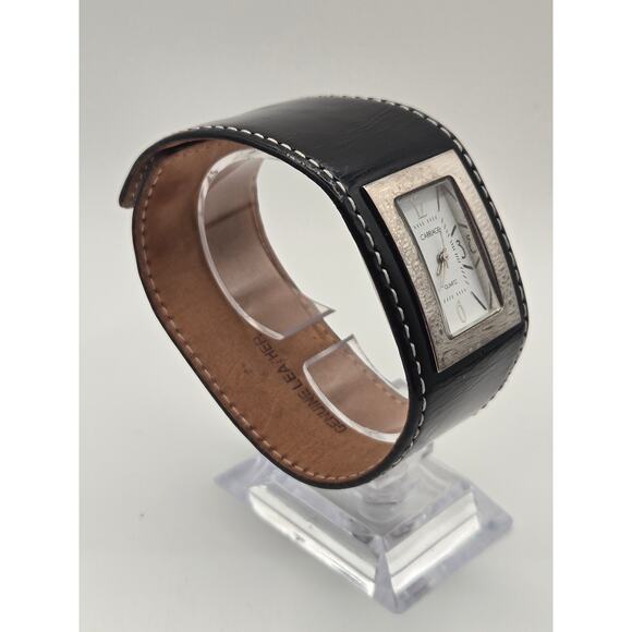 Carriage Timex Watch Rectangular Quartz Black Leather Wide Cuff Band Y2K main image 6